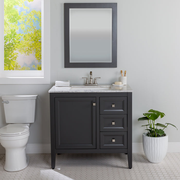 Cartland 37 in gray bathroom vanity with cabinet, 3 drawers, sink top installed in bathroom
