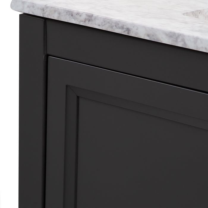 Edge closeup of Cartland 37 in gray bathroom vanity with cabinet, 3 drawers, sink top