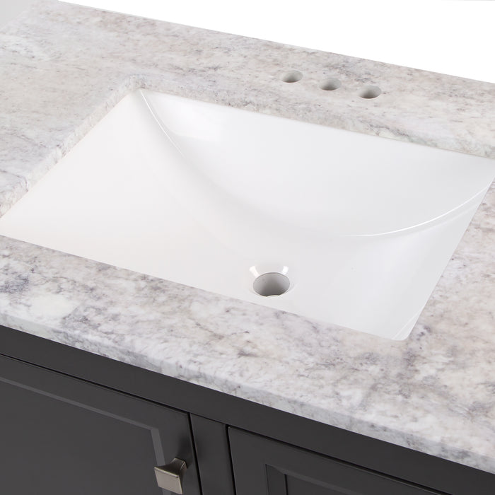 Closeup of predrilled granite-look sink top on Cartland 37 in gray bathroom vanity with cabinet, 3 drawers, sink top