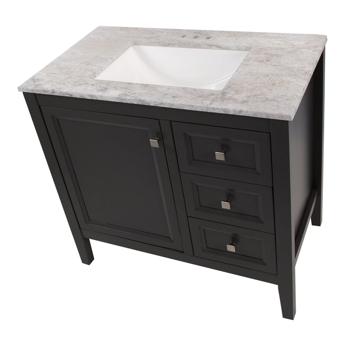 Top view of Cartland 37 in gray bathroom vanity with cabinet, 3 drawers, sink top