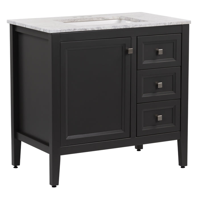 Angled view of Cartland 37 in gray bathroom vanity with cabinet, 3 drawers, sink top