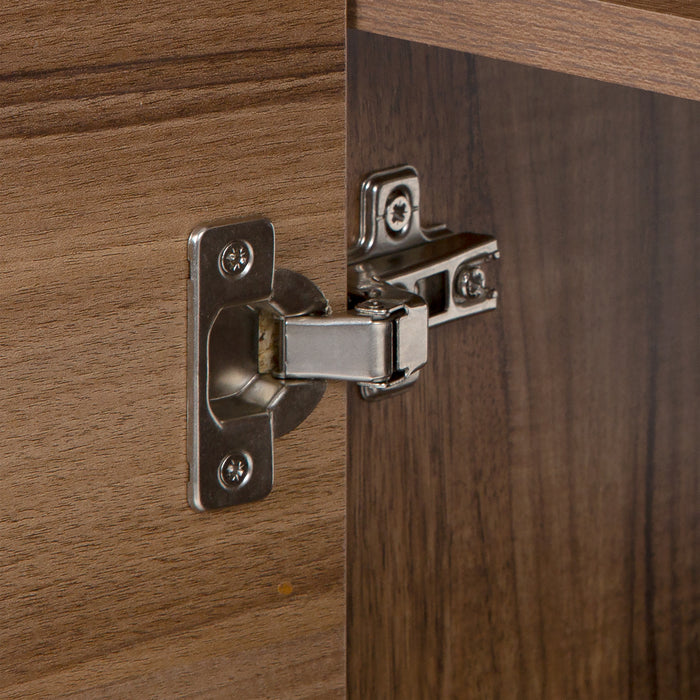 Adjustable hinge on Trente 60 inch 4-door, 5-drawer, hardware-free double-sink bathroom vanity with woodgrain finish and white sink