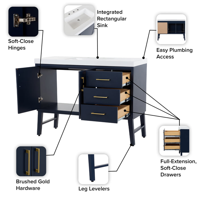 Features of 48.5 in. Darya blue bathroom vanity with 3 drawers, cabinet, brushed gold pulls, white sink top