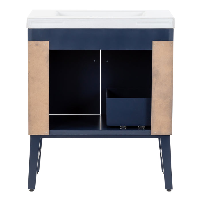 Open back on Darya 30.5-in modern blue bathroom vanity with white sink top, 2 doors, interior drawer