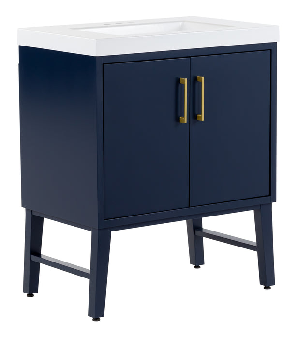 Angled view of Darya 30.5-in modern blue bathroom vanity with white sink top, 2 doors, interior drawer