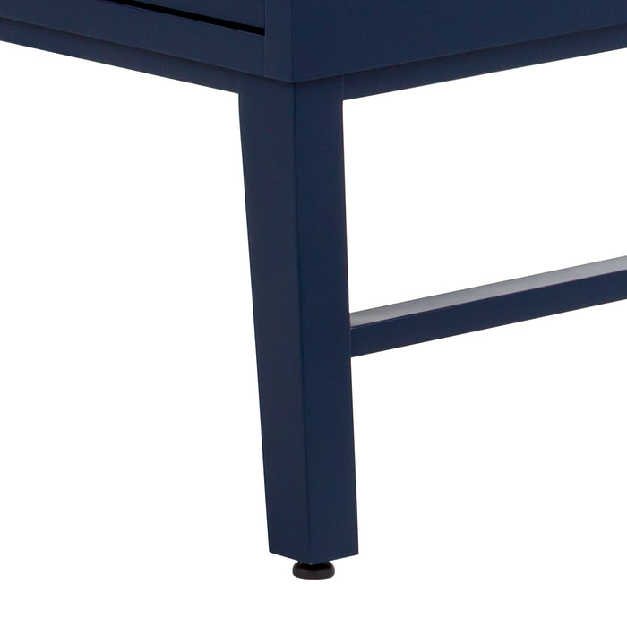 Leg with leveling foot on Darya 30.5-in modern blue bathroom vanity with white sink top, 2 doors, interior drawer