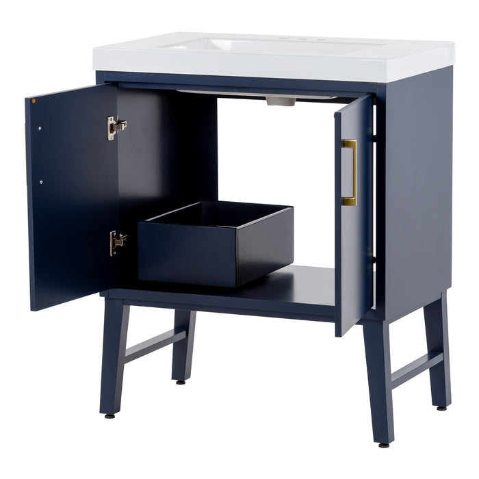 Open doors on Darya 30.5-in modern blue bathroom vanity with white sink top, 2 doors, interior drawer