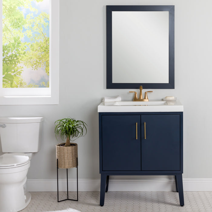 Darya 30.5-in modern blue bathroom vanity with white sink top, 2 doors, interior drawer installed in bathroom with gold faucet 