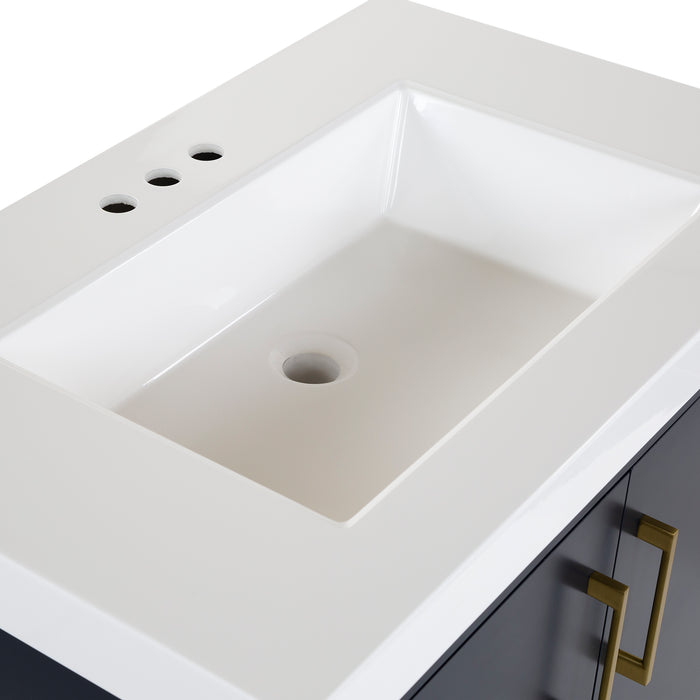 Predrilled white sink on Darya 30.5-in modern blue bathroom vanity with white sink top, 2 doors, interior drawer