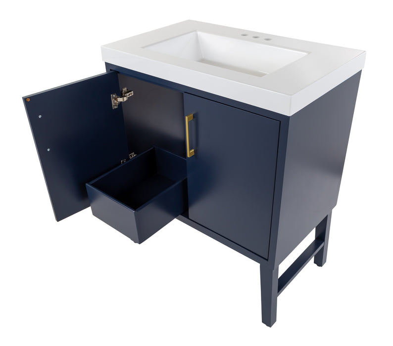 Open drawer and door on Darya 30.5-in modern blue bathroom vanity with white sink top, 2 doors, interior drawer