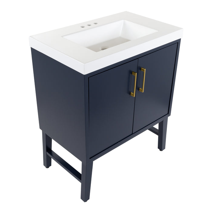 Top view of Darya 30.5-in modern blue bathroom vanity with white sink top, 2 doors, interior drawer