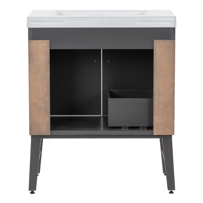 Open back on Darya 30.5-in modern gray bathroom vanity with white sink top, 2 doors, interior drawer