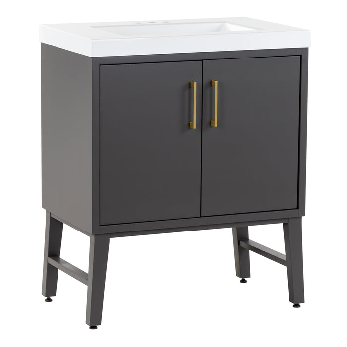 Angled view of Darya 30.5-in modern gray bathroom vanity with white sink top, 2 doors, interior drawer