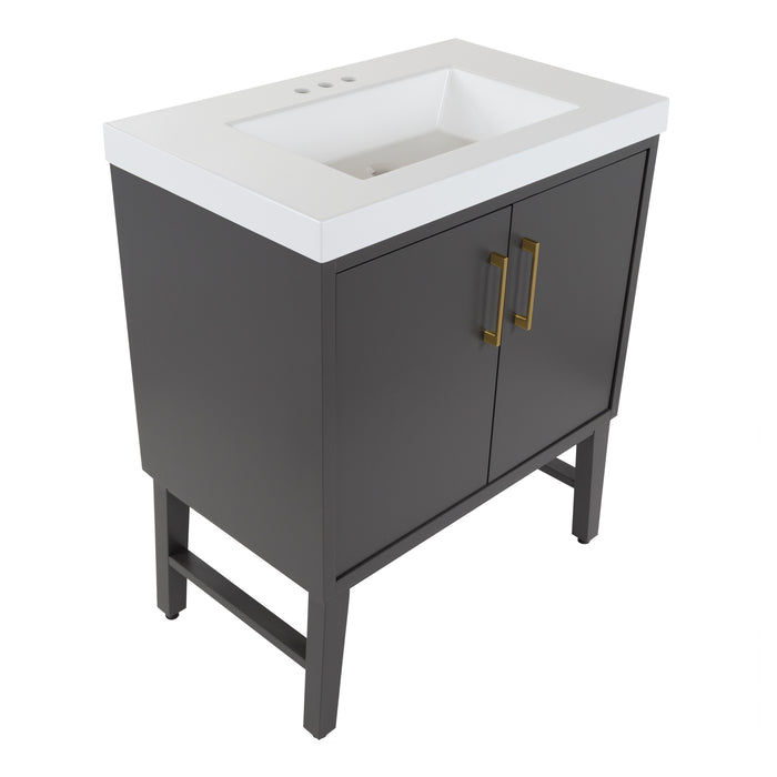 Angled view of Darya 30.5-in modern gray bathroom vanity with white sink top, 2 doors, interior drawer