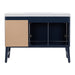 Open back on 48.5 in. Darya blue bathroom vanity with 3 drawers, cabinet, brushed gold pulls, white sink top