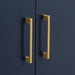 Door handles on 48.5 in. Darya blue bathroom vanity with 3 drawers, cabinet, brushed gold pulls, white sink top