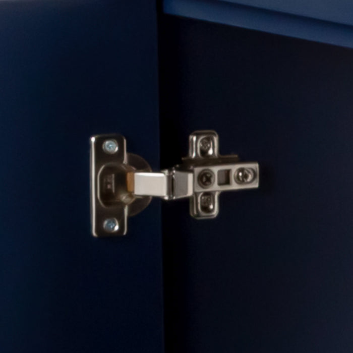Adjustable hinge on 48.5 in. Darya blue bathroom vanity with 3 drawers, cabinet, brushed gold pulls, white sink top