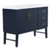 Angled view of 48.5 in. Darya blue bathroom vanity with 3 drawers, cabinet, brushed gold pulls, white sink top
