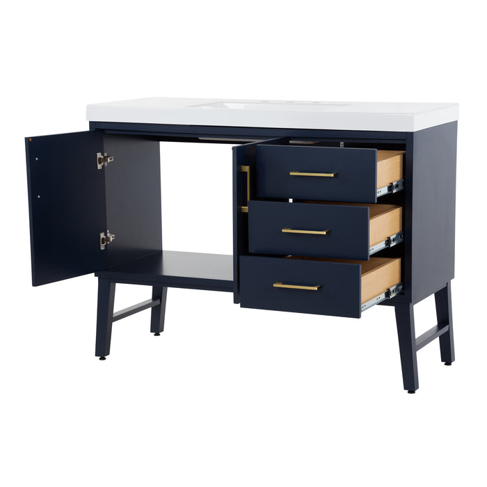 Open doors and drawers on 48.5 in. Darya blue bathroom vanity with 3 drawers, cabinet, brushed gold pulls, white sink top