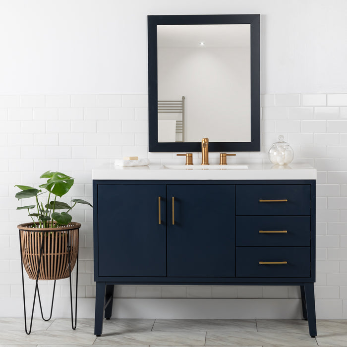 48.5 in. Darya blue bathroom vanity with 3 drawers, cabinet, brushed gold pulls, white sink top installed in bathroom