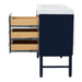Side view of 48.5 in. Darya blue bathroom vanity with 3 drawers, cabinet, brushed gold pulls, white sink top