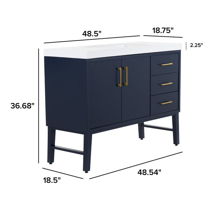 Measurements of 48.5 in. Darya blue bathroom vanity with 3 drawers, cabinet, brushed gold pulls, white sink top: 48.5 in W x 18.75 in D x 36.68 in H