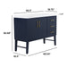 Measurements of 48.5 in. Darya blue bathroom vanity with 3 drawers, cabinet, brushed gold pulls, white sink top: 48.5 in W x 18.75 in D x 36.68 in H