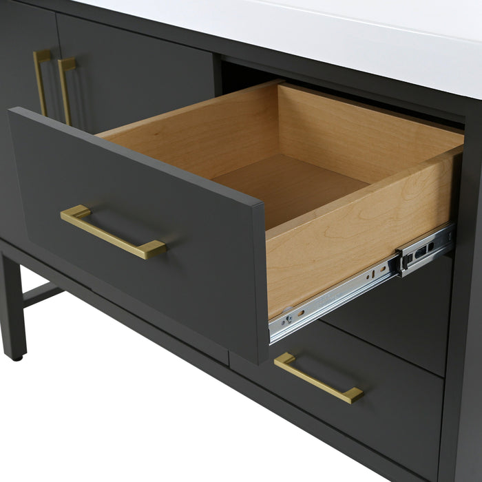 Open drawer on 48.5 in. Darya gray bathroom vanity with 3 drawers, cabinet, brushed gold pulls, white sink top