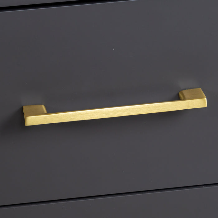 Drawer pull on 48.5 in. Darya gray bathroom vanity with 3 drawers, cabinet, brushed gold pulls, white sink top