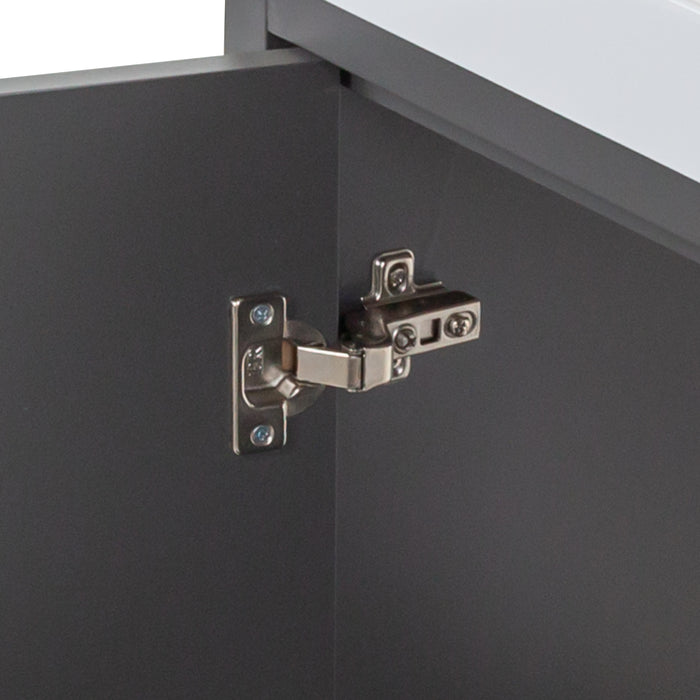 Adjustable hinge on 48.5 in. Darya gray bathroom vanity with 3 drawers, cabinet, brushed gold pulls, white sink top