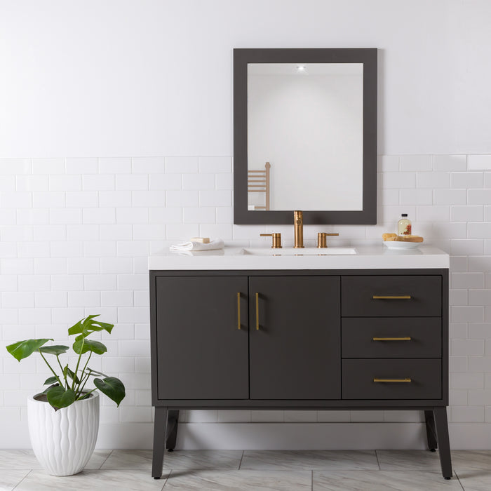 48.5 in. Darya blue bathroom vanity with 3 drawers, cabinet, brushed gold pulls, white sink top installed in bathroom