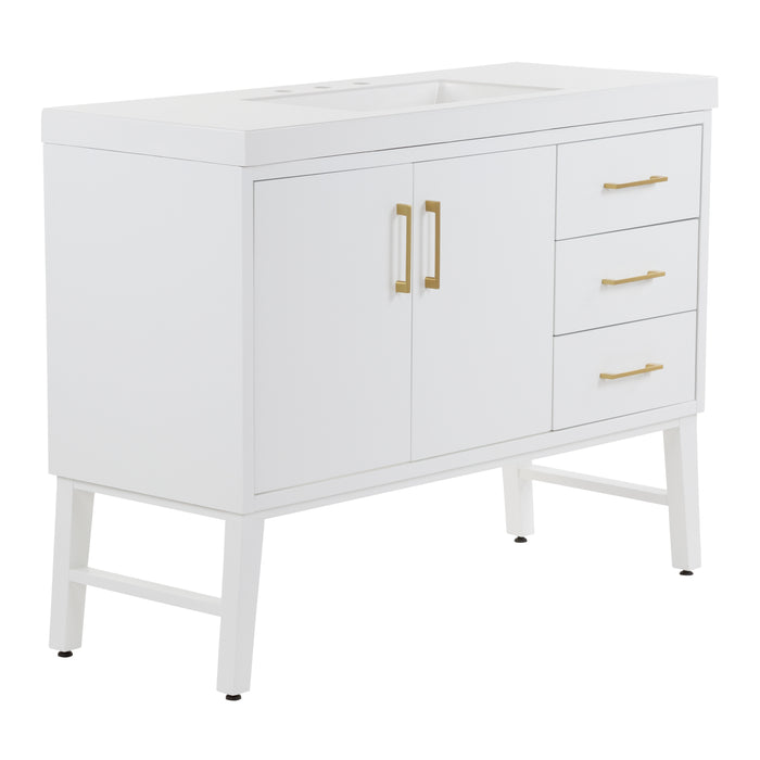 Angled view of 48.5 in. Darya blue bathroom vanity with 3 drawers, cabinet, brushed gold pulls, white sink top