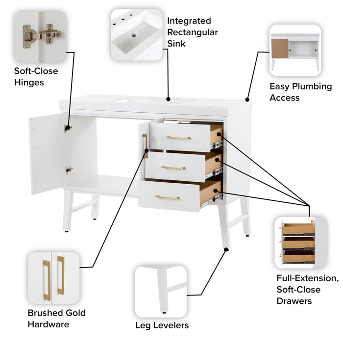 Features of 48.5 in. Darya white bathroom vanity with 3 drawers, cabinet, brushed gold pulls, white sink top