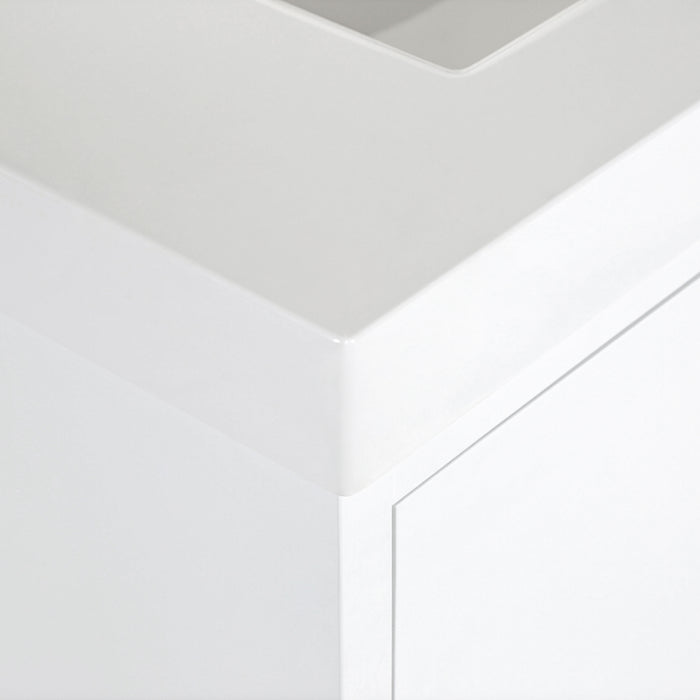 Corner closeup on 48.5 in. Darya white bathroom vanity with 3 drawers, cabinet, brushed gold pulls, white sink top