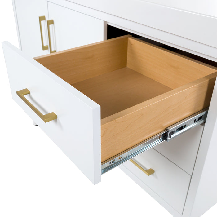 Open drawer on 48.5 in. Darya white bathroom vanity with 3 drawers, cabinet, brushed gold pulls, white sink top