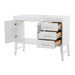 Open doors and drawers on 48.5 in. Darya white bathroom vanity with 3 drawers, cabinet, brushed gold pulls, white sink top
