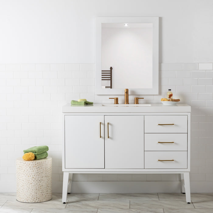 48.5 in. Darya white bathroom vanity with 3 drawers, cabinet, brushed gold pulls, white sink top installed in bathroom