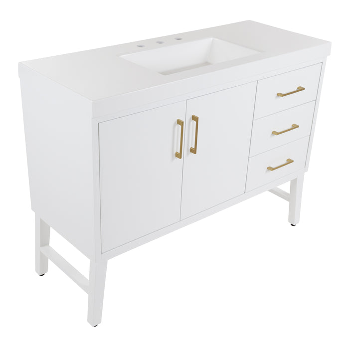 Top view of 48.5 in. Darya white bathroom vanity with 3 drawers, cabinet, brushed gold pulls, white sink top