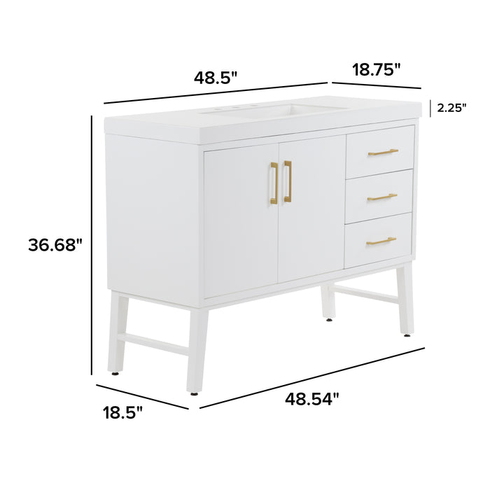 Measurements of 48.5 in. Darya white bathroom vanity with 3 drawers, cabinet, brushed gold pulls, white sink top: 48.54 in W x 18.75 in W x 36.68 in H
