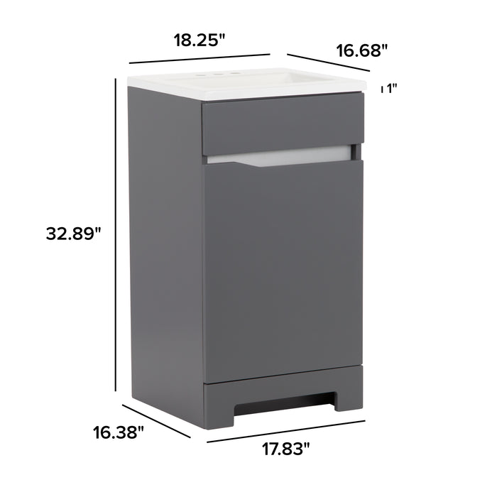 Measurements of Brennan gray 18 inch hardware-free compact bathroom vanity with 1 door and white sink top: 18.25 in W x 16.68 in D x 32.89 in H