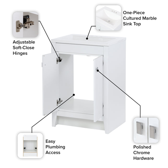 Features of Lonsdale 24 inch white half-bath vanity with two doors and white sink top