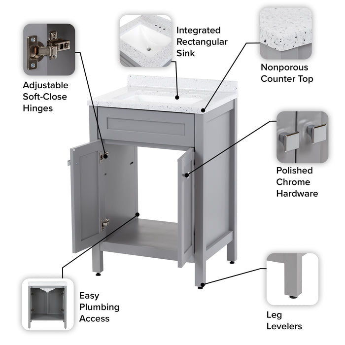 View of the 24.5” wide Marilla bathroom vanity, shown here in sterling gray finish with silver ash sink top and feature callouts: integrated rectangular sink top, nonporous countertop, adjustable soft-close hinges, easy plumbing access, leg levelers and polished chrome hardware