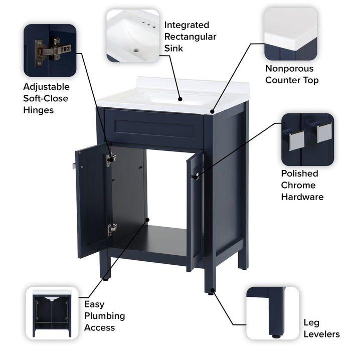 View of the 24.5” wide Marilla bathroom vanity, shown here in blue finish with white sink top and feature callouts: integrated rectangular sink top, nonporous countertop, adjustable soft-close hinges, easy plumbing access, leg levelers and polished chrome hardware