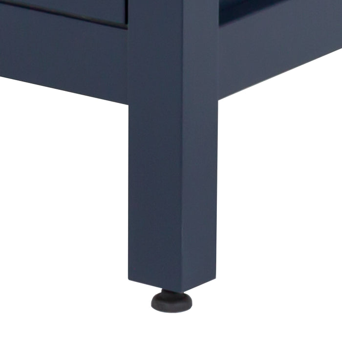 Adjustable leg on 24.5” wide Marilla bathroom vanity, shown here in blue finish