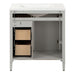 Open back on Tilford gray furniture-style bathroom vanity with 1-door cabinet, 3 drawers, white sink top