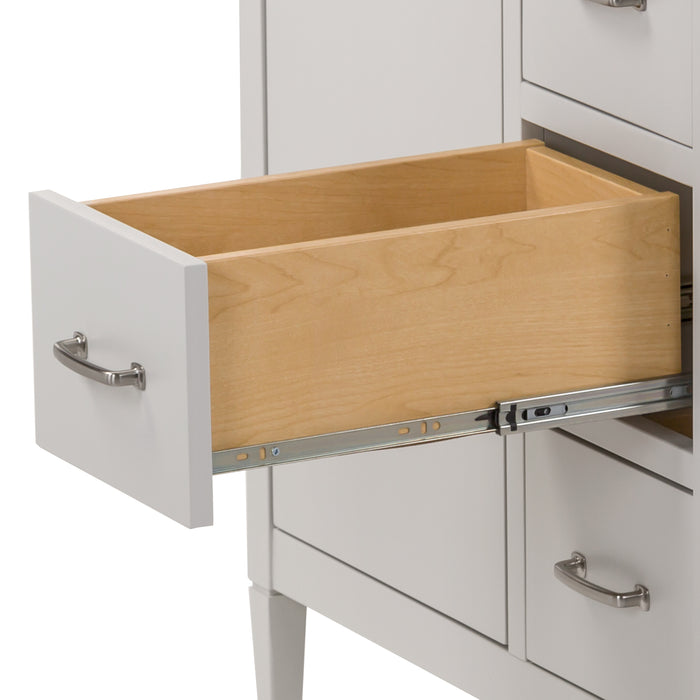 Open drawer on Tilford gray furniture-style bathroom vanity with 1-door cabinet, 3 drawers, white sink top