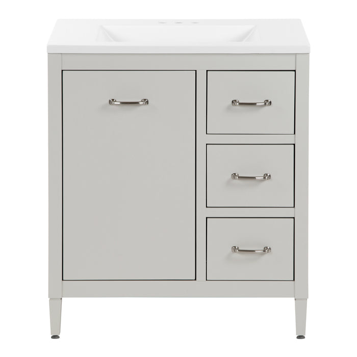 Tilford gray furniture-style bathroom vanity with 1-door cabinet, 3 drawers, white sink top
