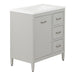 Angled view of Tilford gray furniture-style bathroom vanity with 1-door cabinet, 3 drawers, white sink top