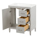 Door and drawers open on Tilford gray furniture-style bathroom vanity with 1-door cabinet, 3 drawers, white sink top