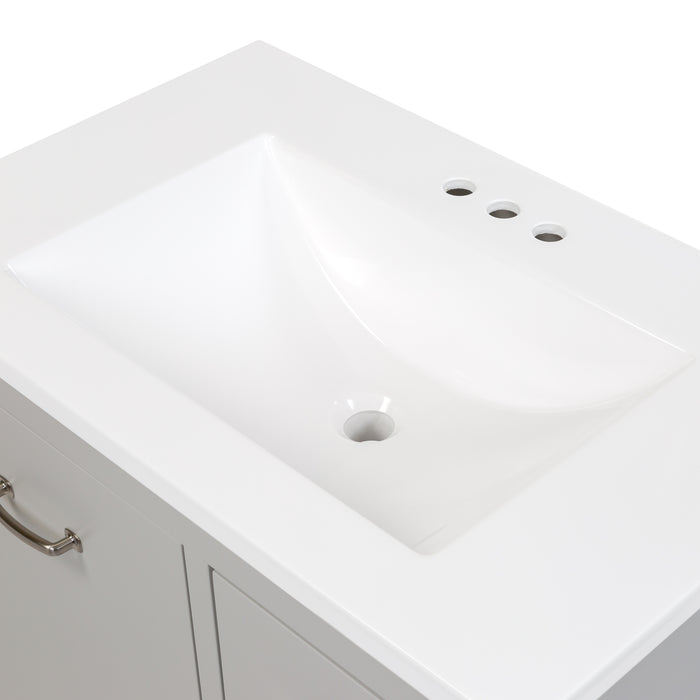 Predrilled white sink top on Tilford gray furniture-style bathroom vanity with 1-door cabinet, 3 drawers, white sink top